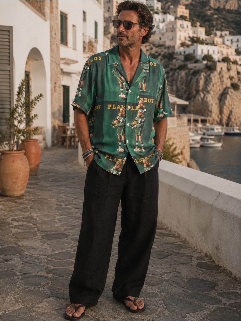 PLAYBOY Green Graphic Camp Collar Button-Up Shirt